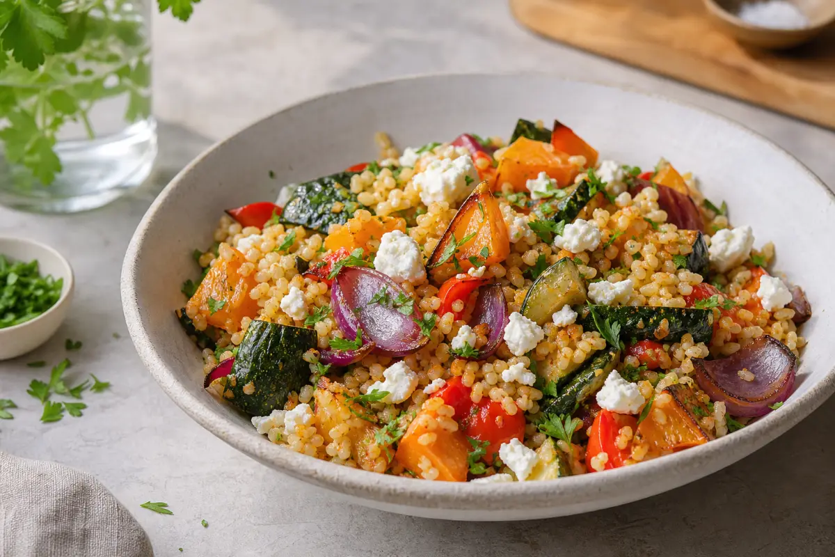 Bulgursallad med rostade grönsaker och fetaost