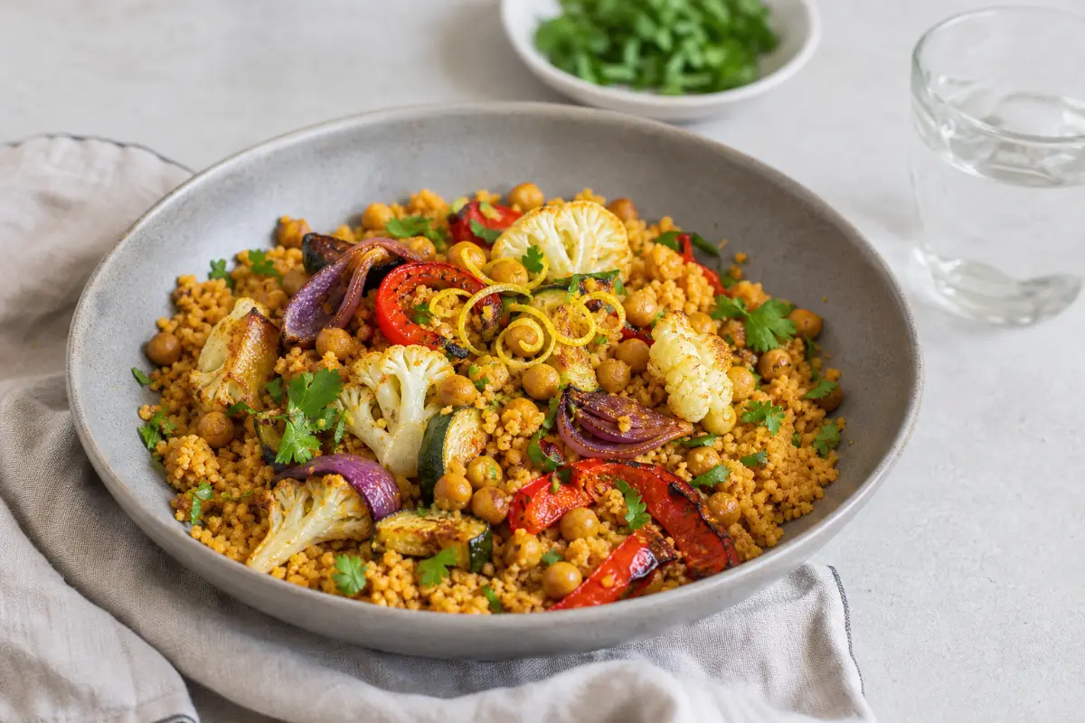 Grönsakcouscous med harissa och kikärtor