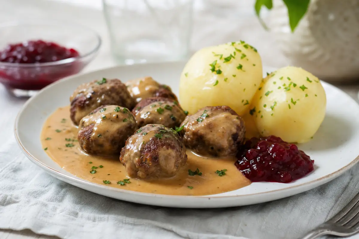 Svenska köttbullar med gräddsås, potatis och lingon