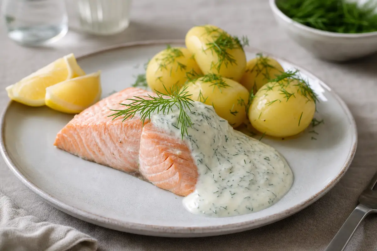 Pocherad lax med dillsås och kokt potatis