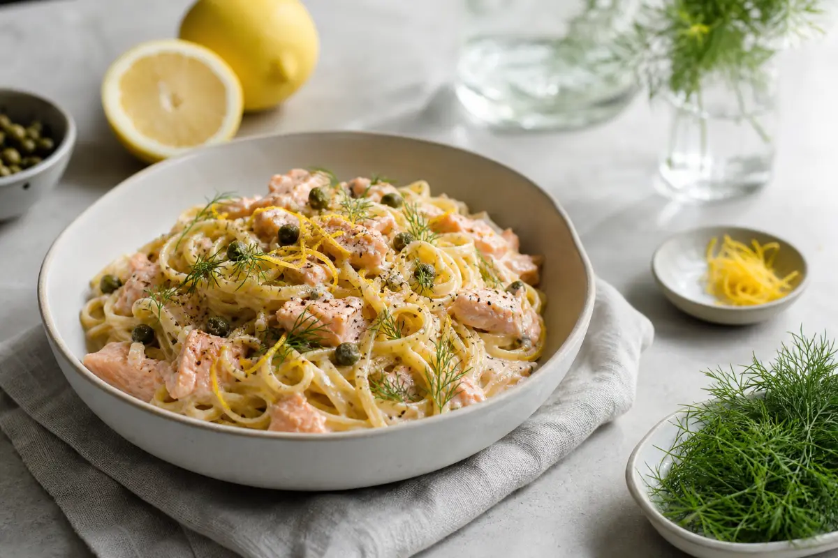 Laxpasta med crème fraîche och citron