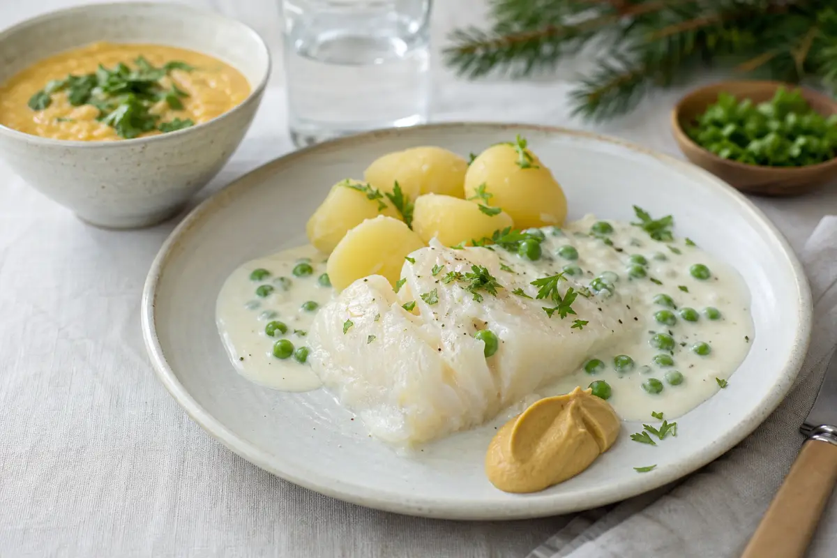 Klassisk lutfisk med vit sås och ärtor