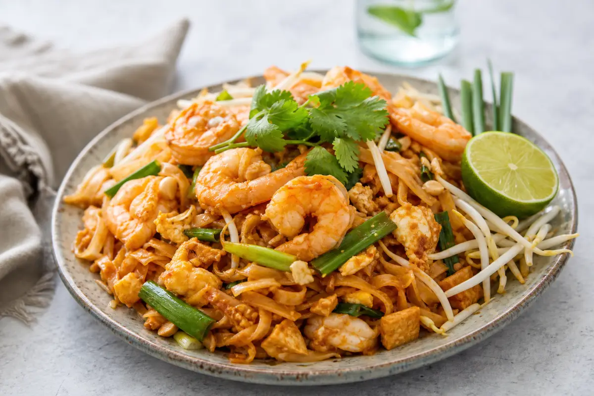 Klassisk pad Thai med räkor