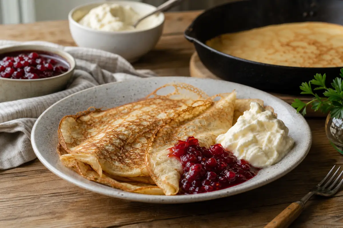Svenska pannkakor med lingonsylt och vispgrädde