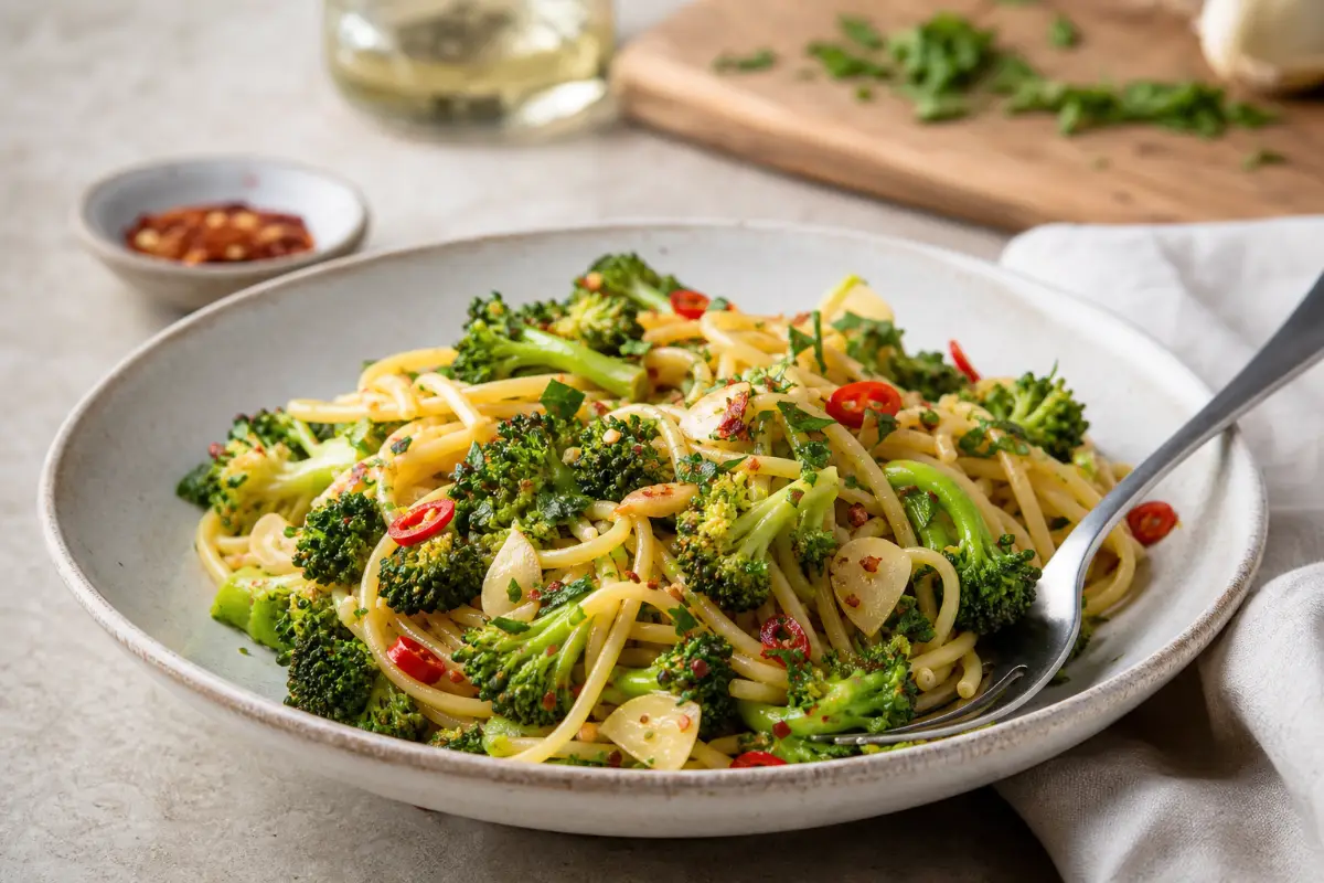 Pasta med broccoli, chili och vitlök
