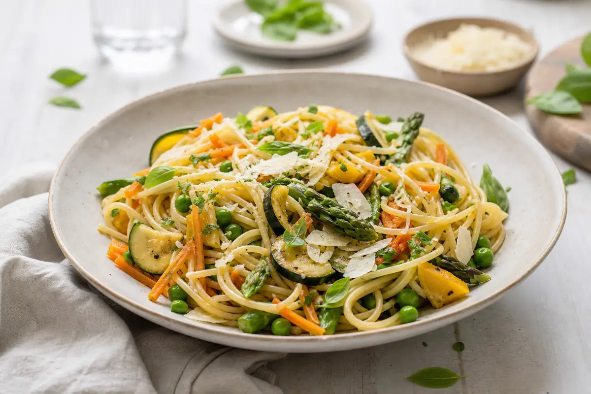 Pasta primavera med säsongens grönsaker