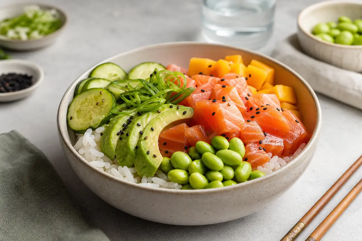 Pokébowl med sushiris, lax och avokado