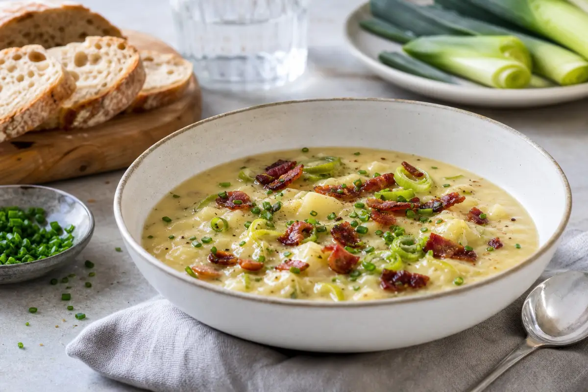 Krämig potatissoppa med purjolök och bacon