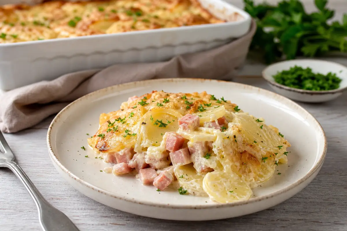 Skinkgratäng med potatis och gräddfil