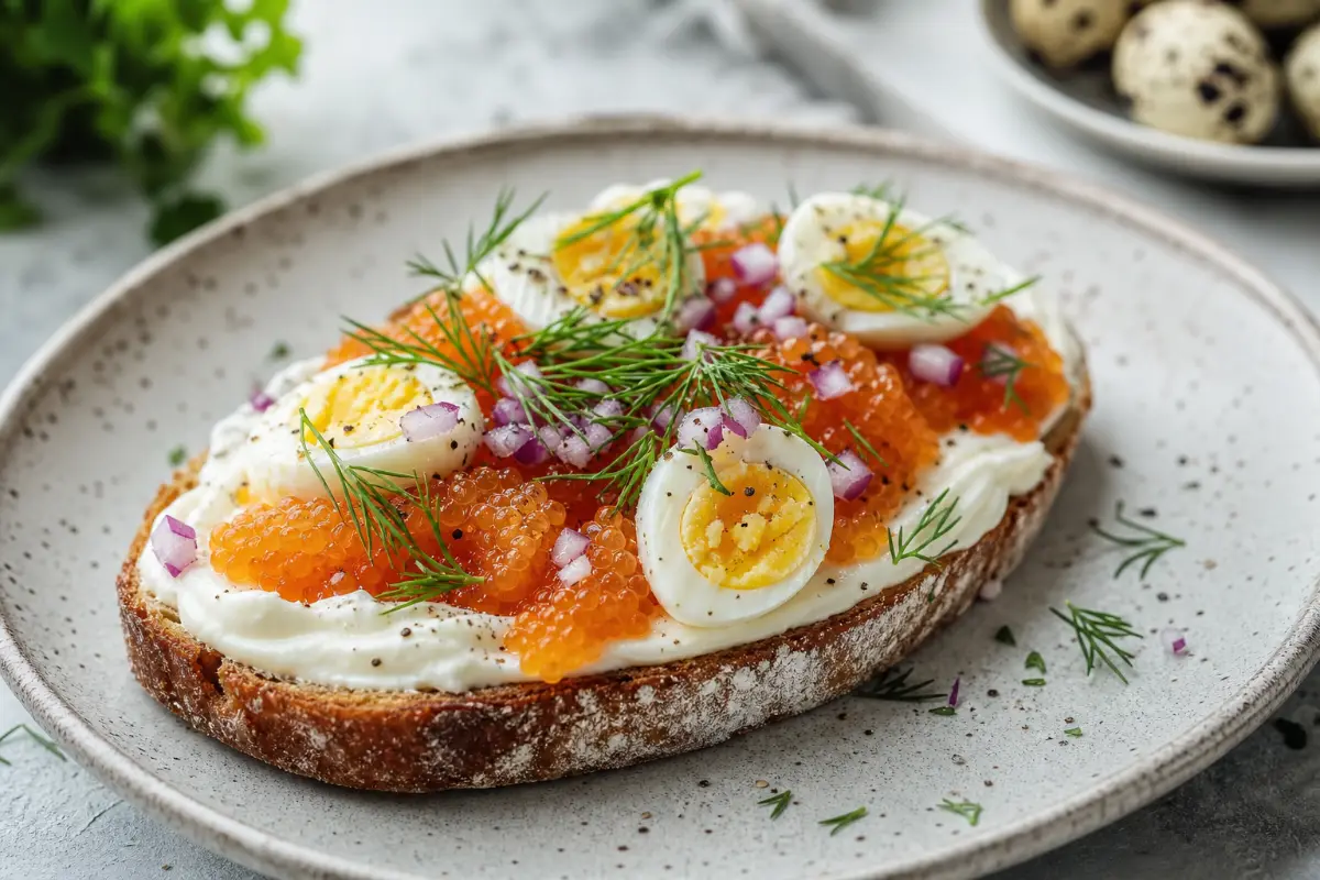 Löjromssmörgås med vaktelägg och crème fraîche